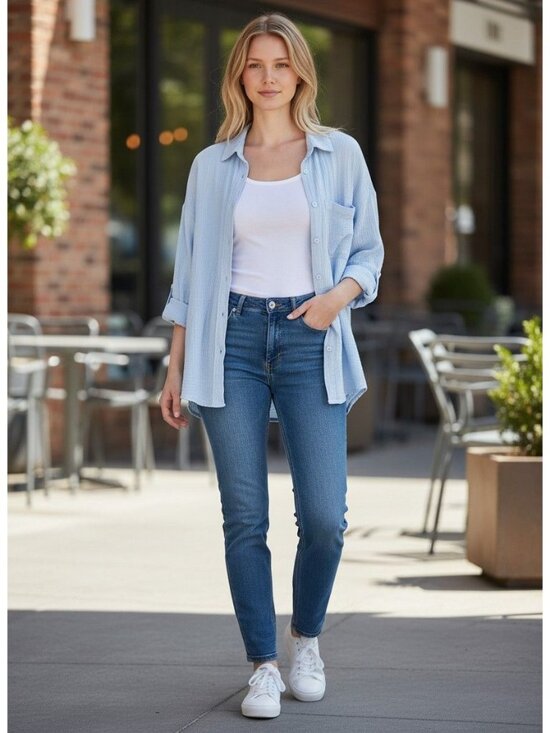 American Eagle Tops - American Eagle Womens Light Blue Cotton Button-Up Long Sleeve Shirt Size XL